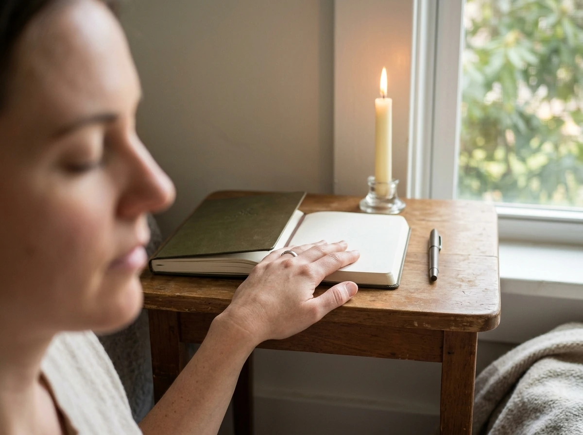 Quiet meditation setup with journal and candle by a window, suggesting grounded integration.