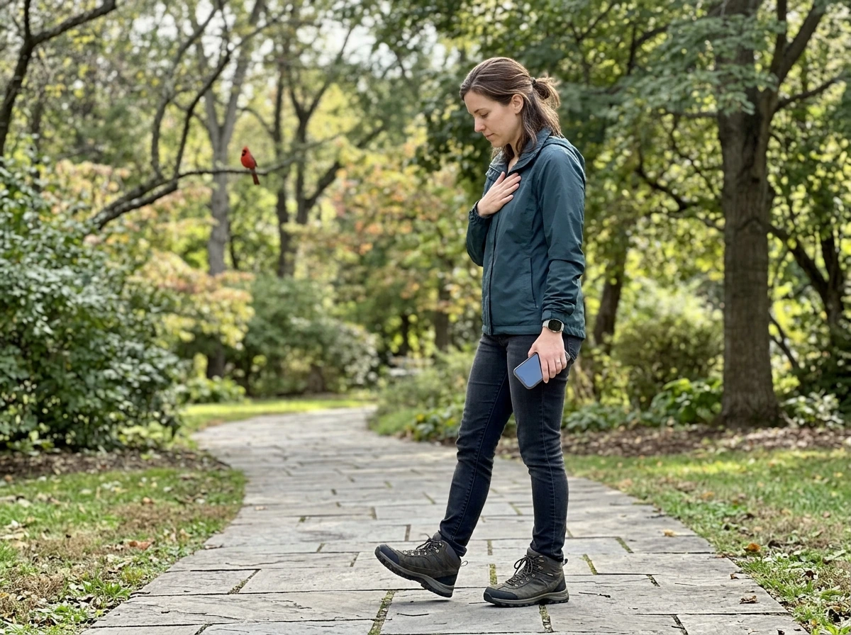 Person pausing and taking a breath while a red bird perches in the distance.