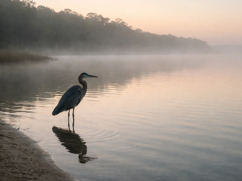 A still grey heron silhouette by calm misty water at dawn, with a quiet contemplative mood.