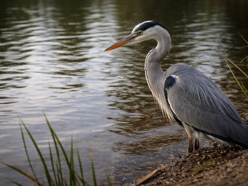 Close-up grey heron standing at the water’s edge, still posture and gaze toward the water.