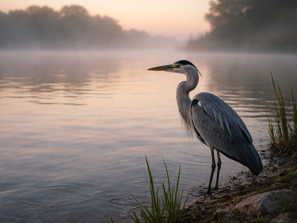 Grey heron at dawn by quiet water, soft sunrise glow and light mist in the background.