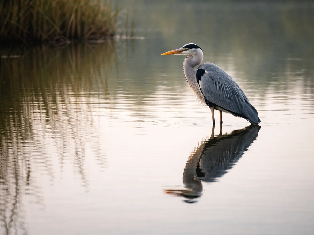 Grey heron standing motionless in still pond water with a crisp reflection.