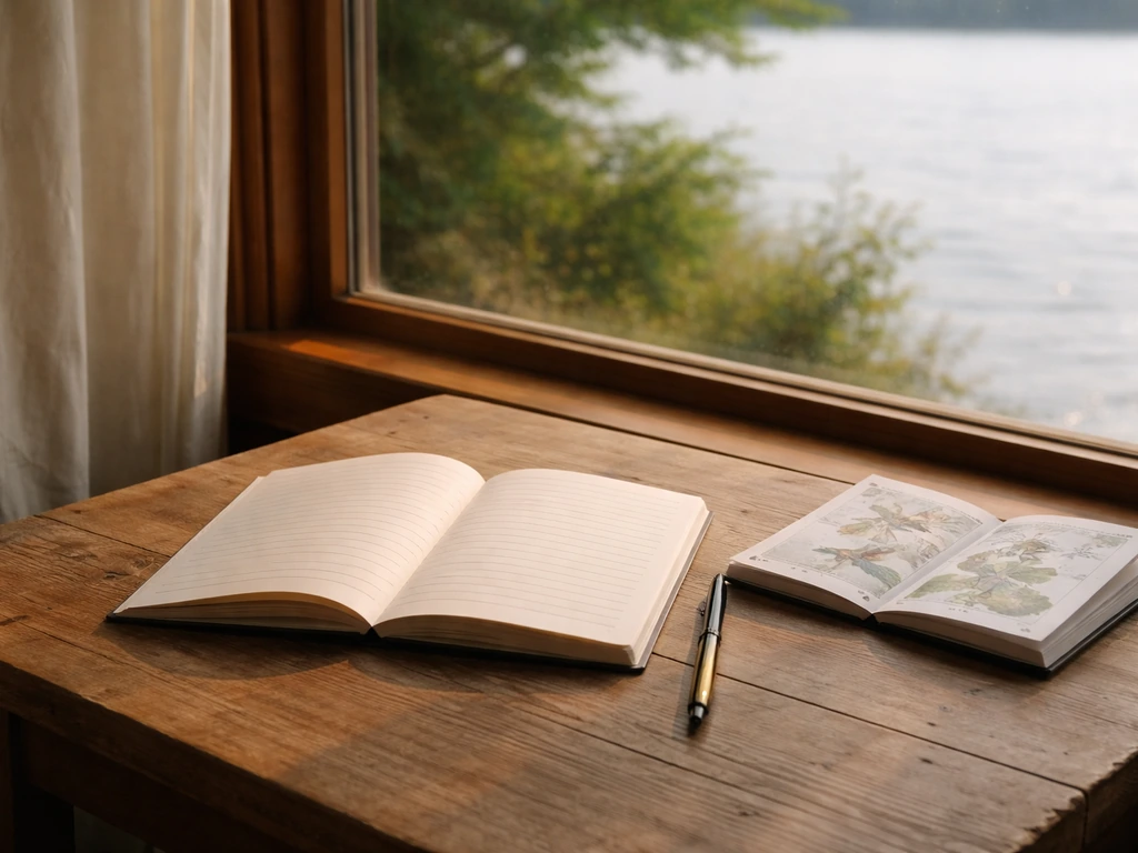Open notebook and pen by a window with a calm water view and a small nature field guide nearby.