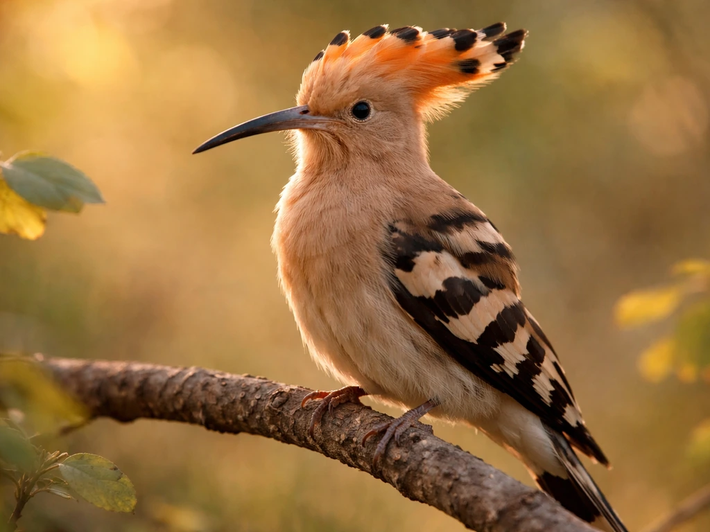 Close-up of a hoopoe bird perched in warm morning light with a calm, spiritual mood.