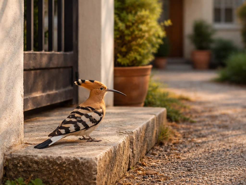 A hoopoe perched near a home front gate doorway, softly lit in natural light