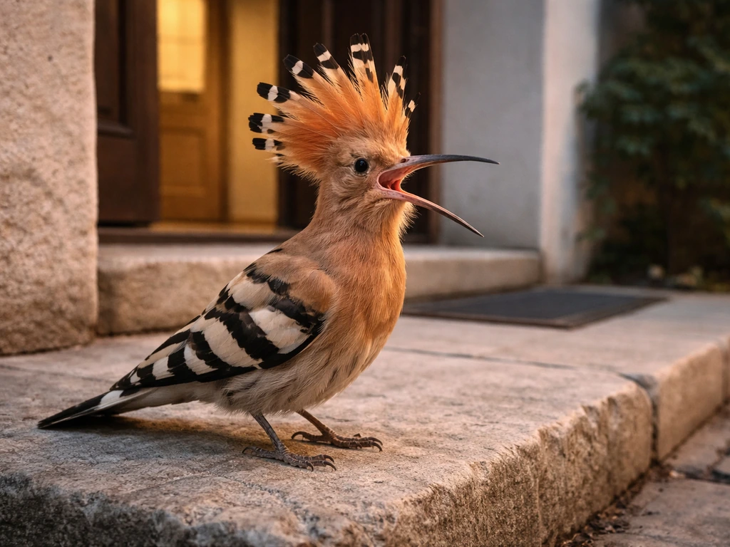 Hoopoe perched by a front door with mouth open and crest lifted, calling near a home entrance.