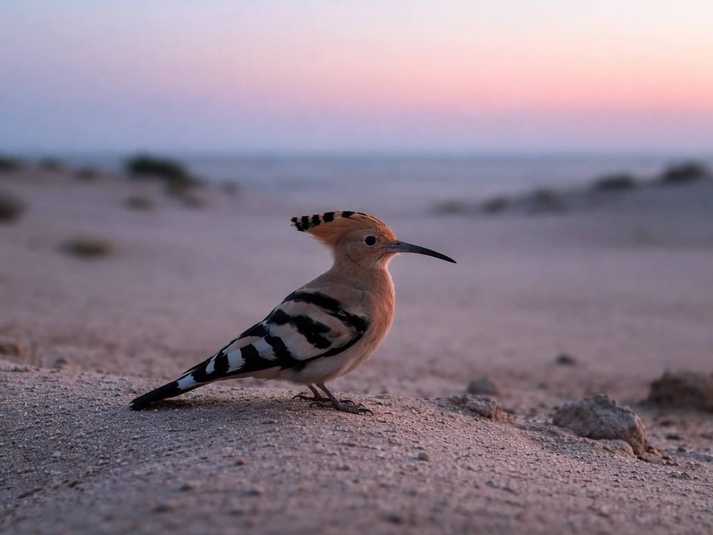 Hoopoe standing on sandy ground in early dawn blue-hour light with a soft sunrise glow