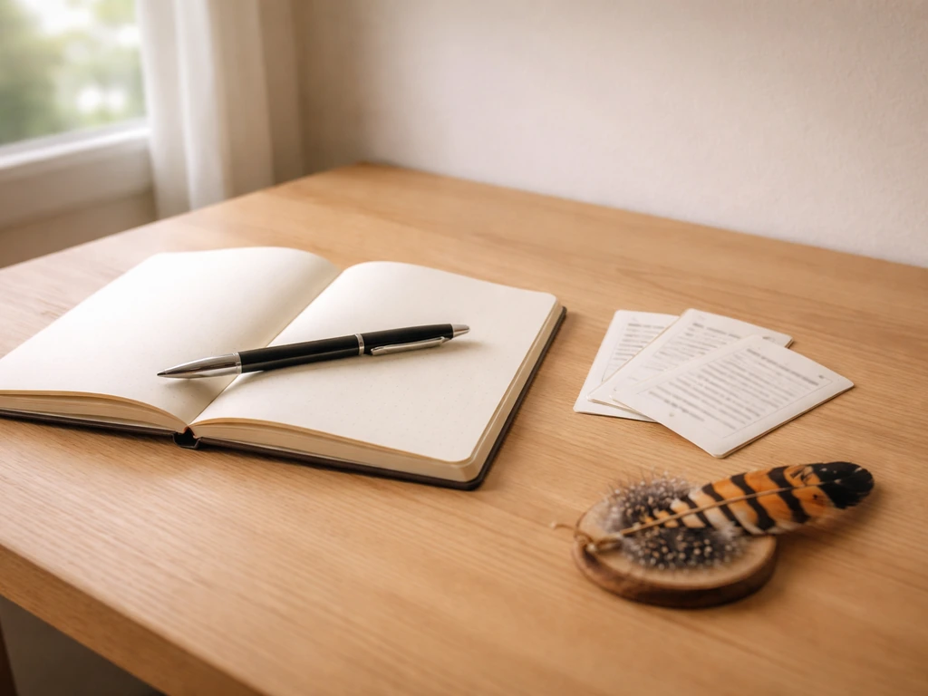 Notebook and pen on a clean desk with a subtle hoopoe-themed feather decoration nearby