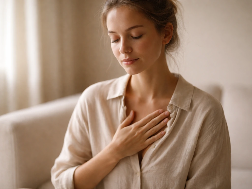 Person sitting quietly with a hand over their heart in soft natural light