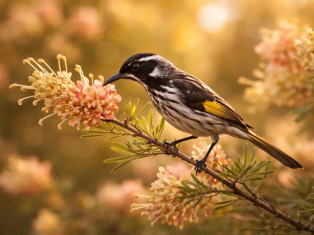 A honeyeater perched at nectar on flowering branches in warm golden light.