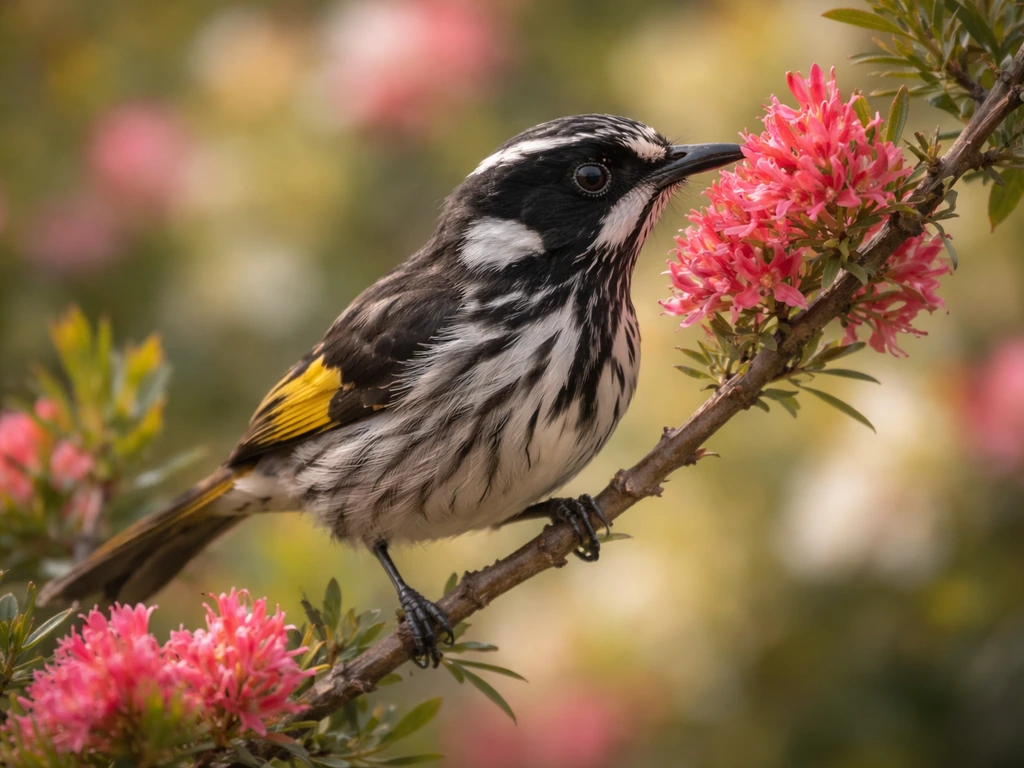 A honeyeater perched among nectar-rich blossoms, captured in soft natural light.