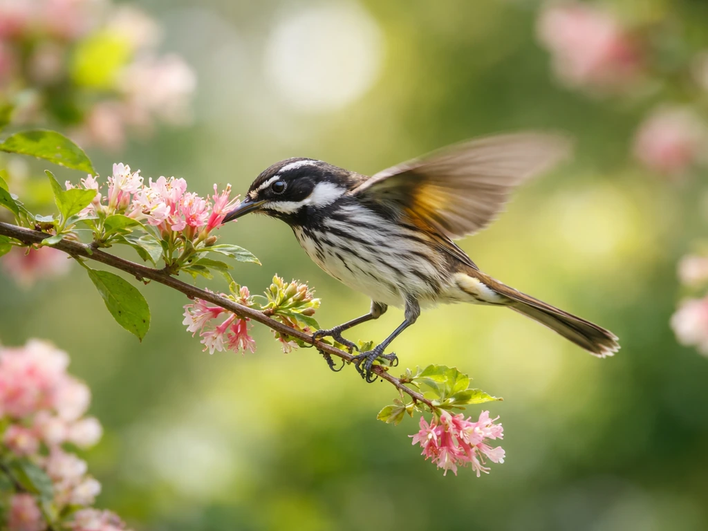 A honeyeater perched on a flowering branch feeding from nectar in a backyard garden