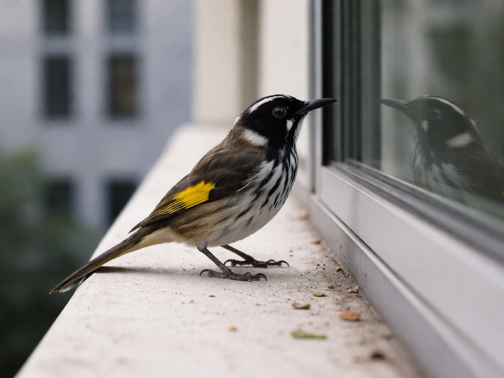 A small honeyeater perched on an apartment window ledge in a quiet urban setting