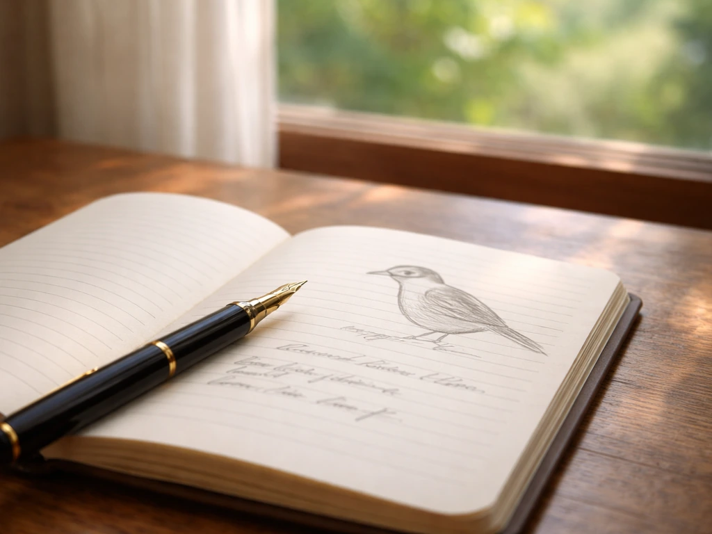 Open journal on a wooden table with a pen, beside a small bird-feather detail and a simple honeyeater sketch
