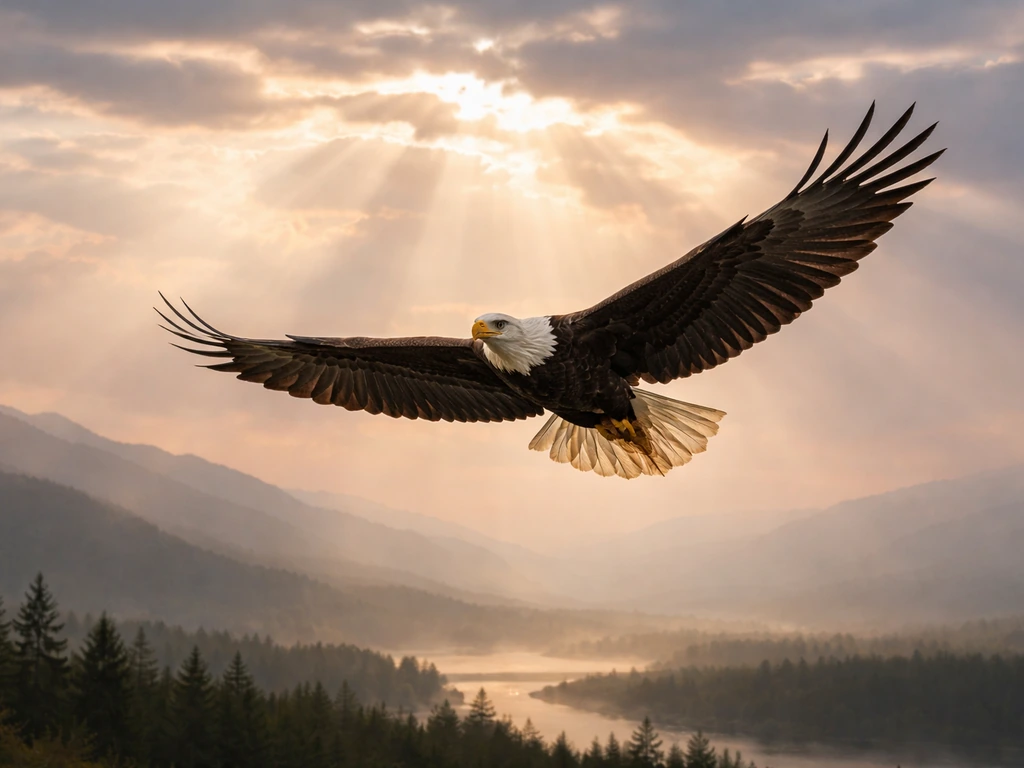 A raptor soars above a dawn landscape with gentle light rays suggesting spiritual guidance.
