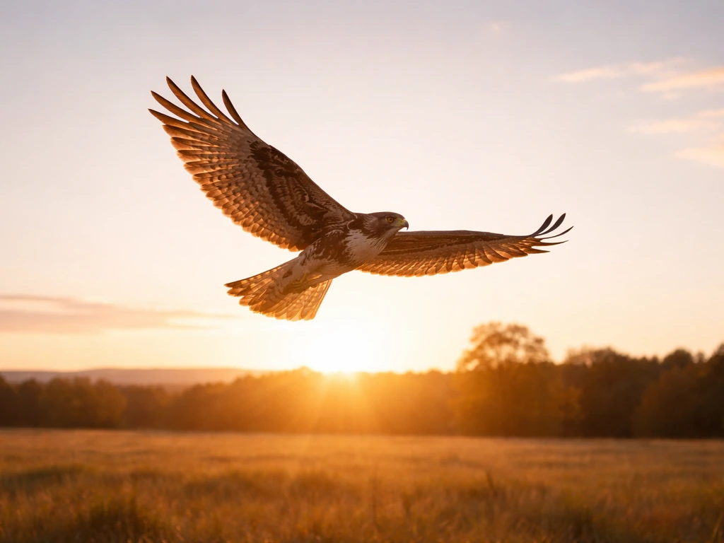 Raptor soaring in the sky at golden hour over an open landscape, minimal and realistic.