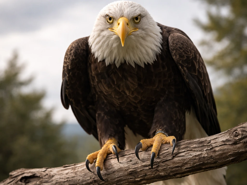 Close-up dramatic eagle portrait with sharp eyes and prominent talons against a simple natural background