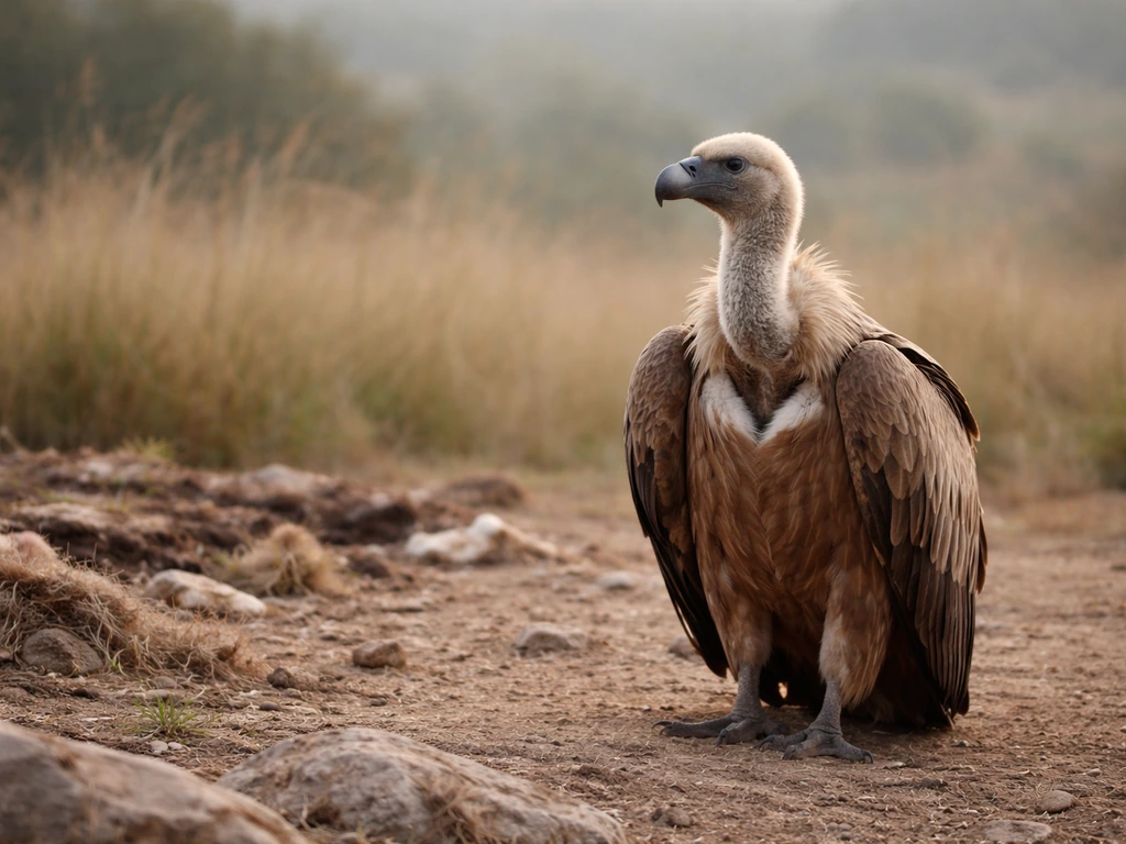 A vulture stands in a natural wild feeding area, non-graphic scene symbolizing release and renewal.