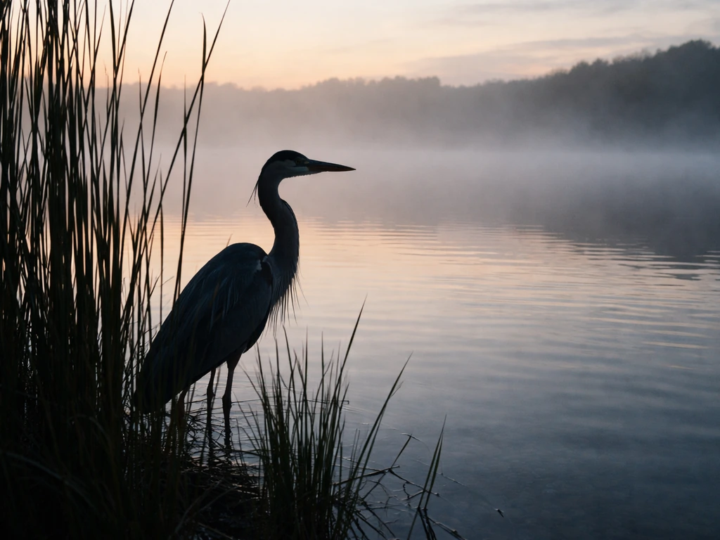 Blue heron standing in reeds by calm water at dawn, misty and watchful mood.
