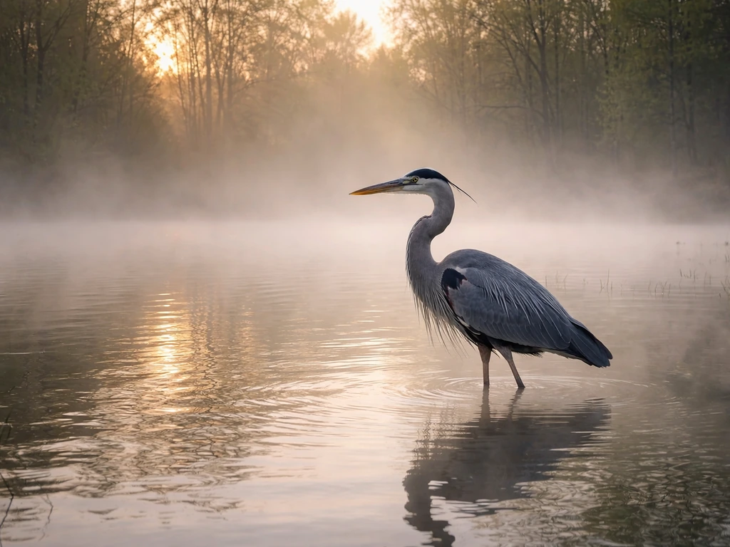 Blue heron wading through foggy wetlands at sunrise with misty reflections and soft golden light.