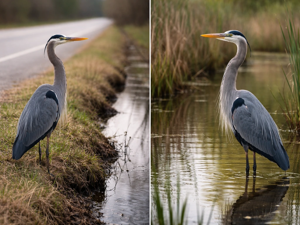 Split image: blue heron by a roadside ditch versus in a natural wetland with reeds and shallow water.