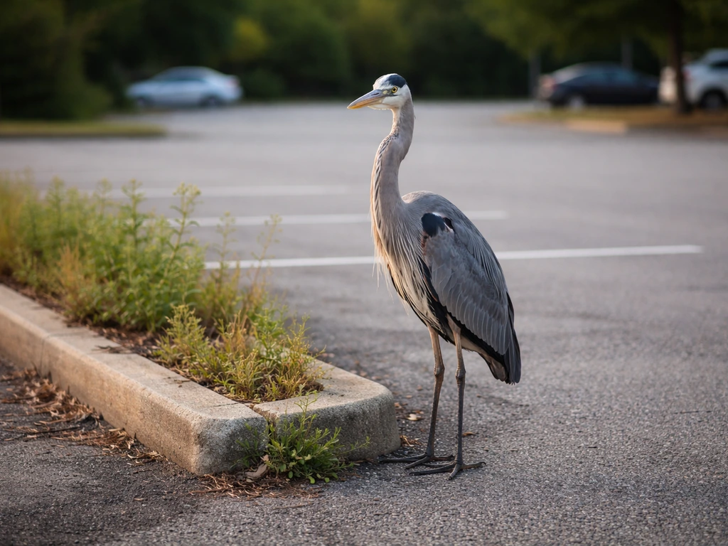 Blue heron standing in a suburban parking lot near the curb, early morning light, no people visible.