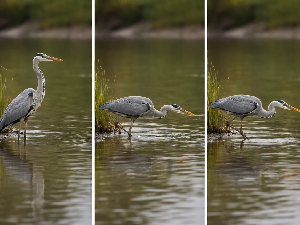 Three-step sequence of a blue heron: still, stalking low, then one slow step in shallow water.