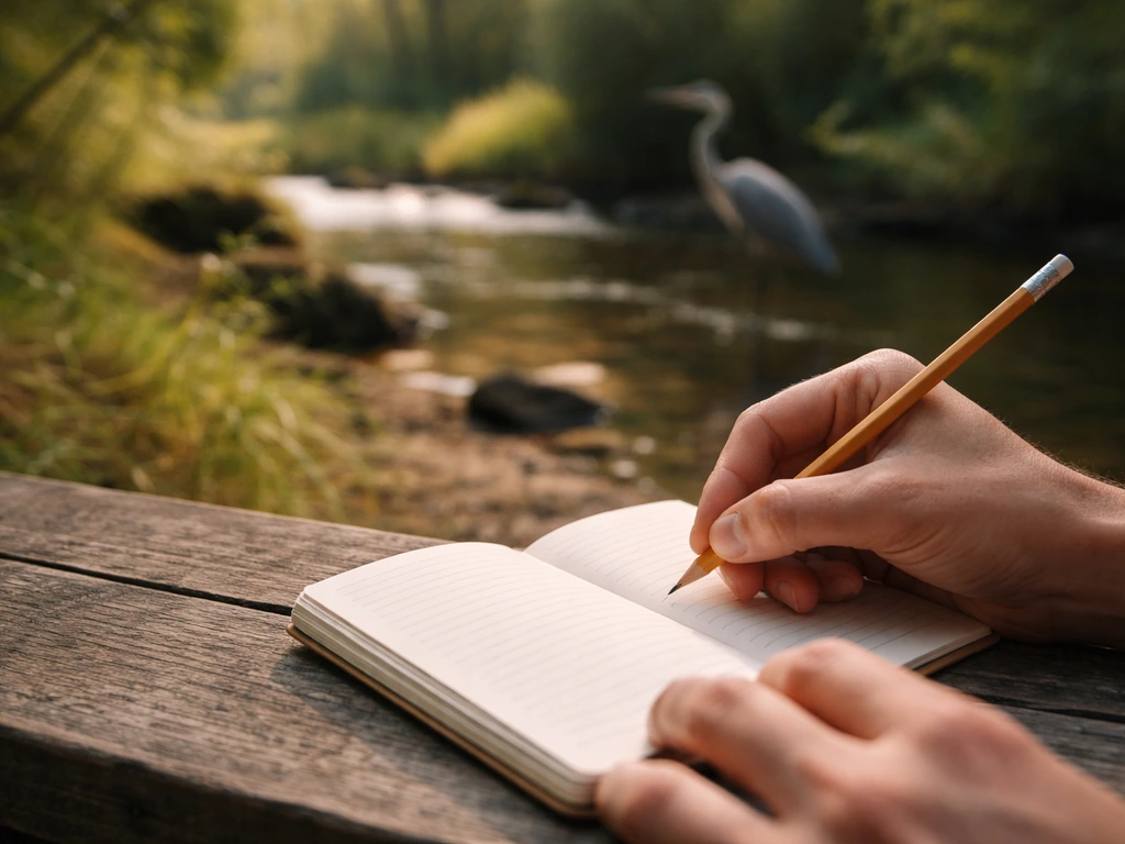 Hands writing in a journal beside a blurred blue heron near a creek.