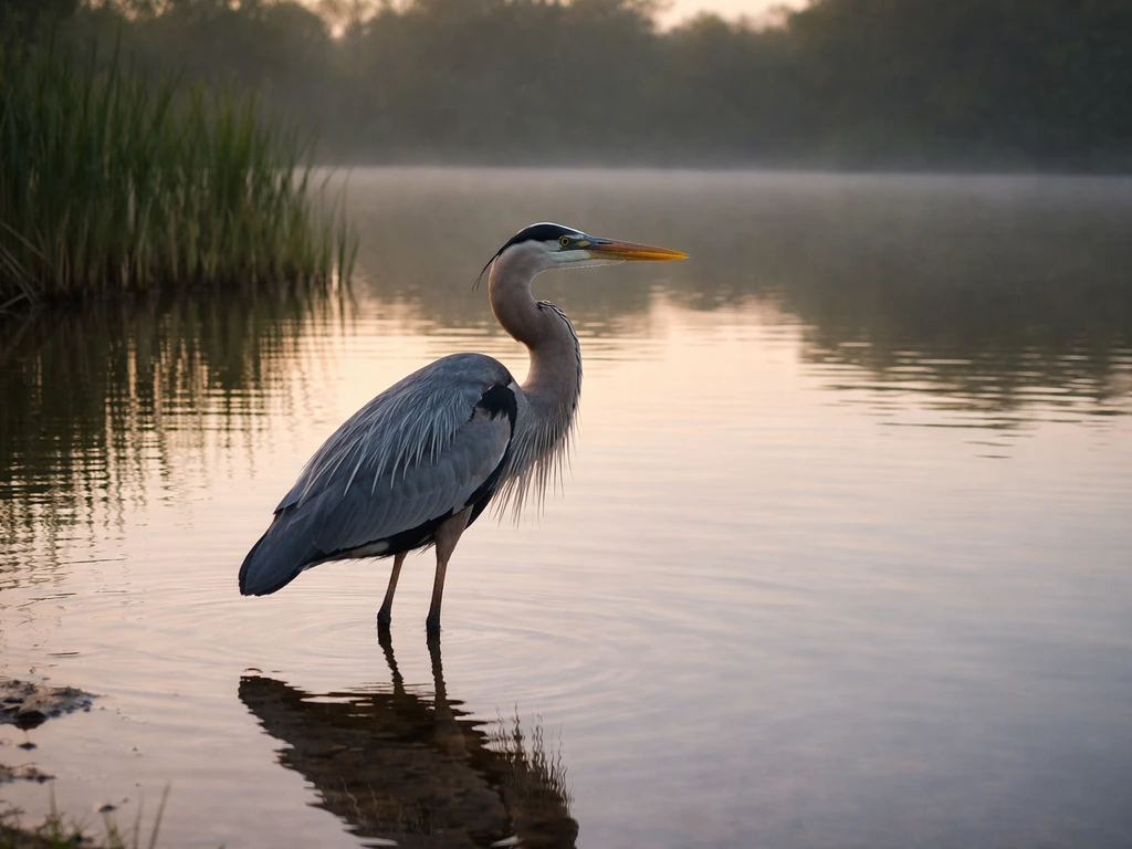 A calm great heron standing still in shallow pond water at dawn, with soft reflections.