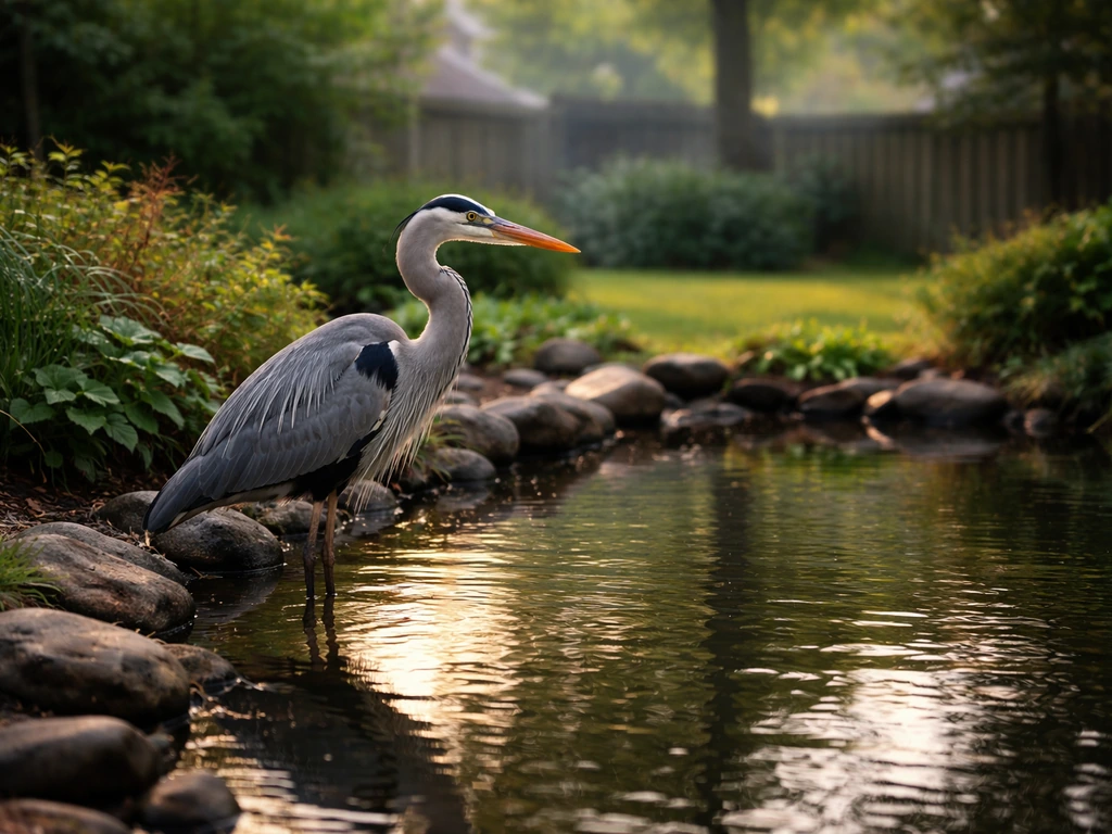 Great blue heron standing by a backyard pond with a quiet home garden in the background.
