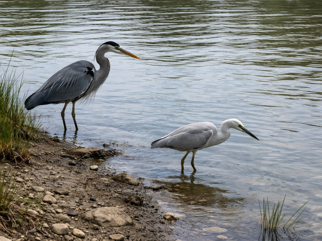Two herons of different sizes and gray tones standing by calm water near reeds.