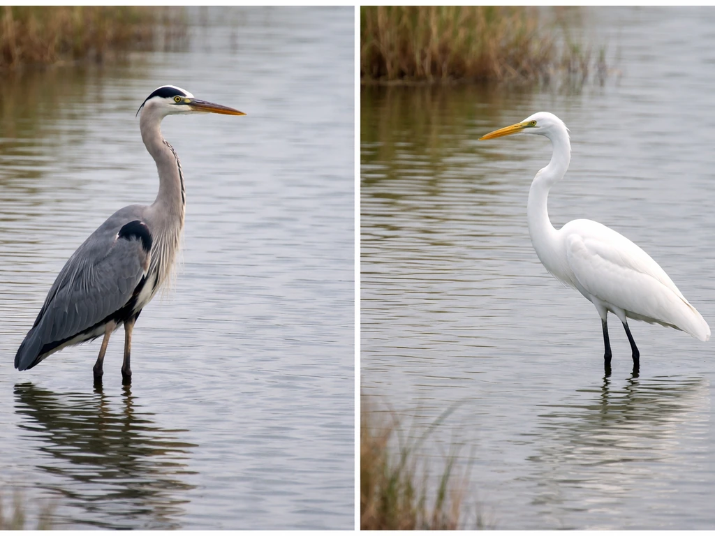 Side-by-side heron and egret in shallow water, showing clear differences in build and neck shape.