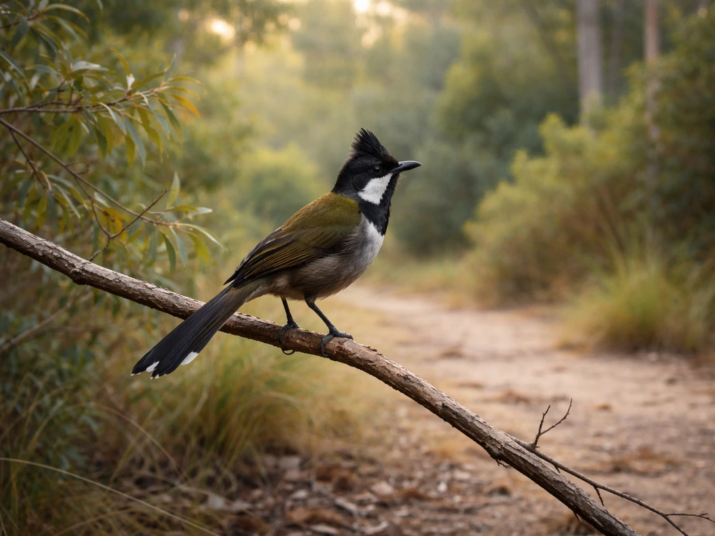 An alert Australian whipbird perched on a branch in sunlit bushland, spiritually evocative and serene.