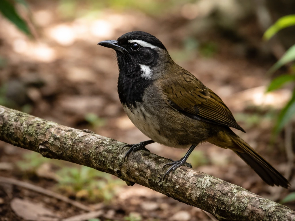Australian whipbird perched on a branch in an Australian eucalypt forest, showing distinctive posture and dark throat