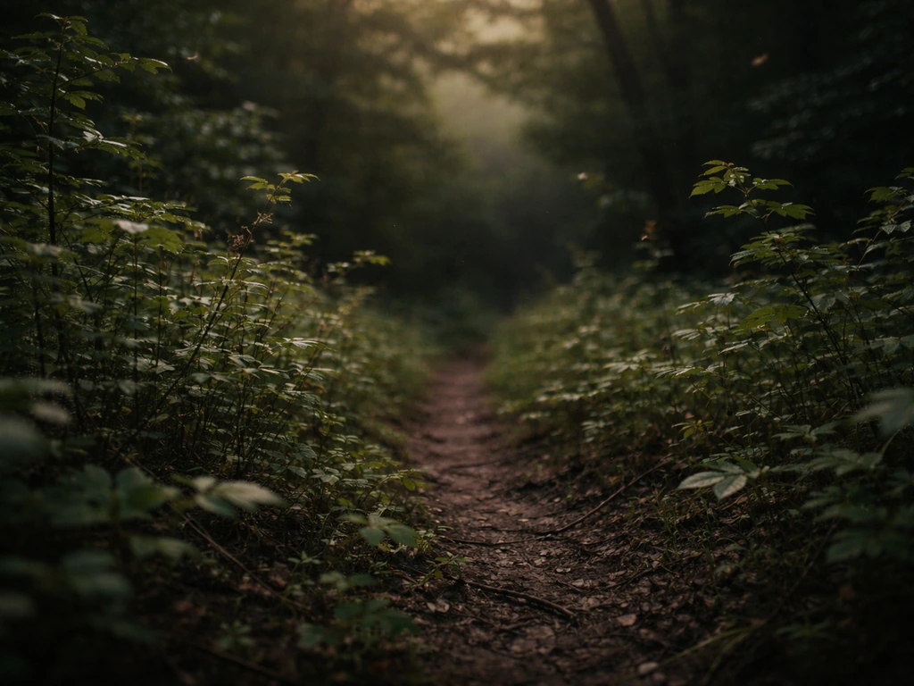 Forest edge undergrowth at ear level, bird hidden from view, dawn light and shallow depth of field.