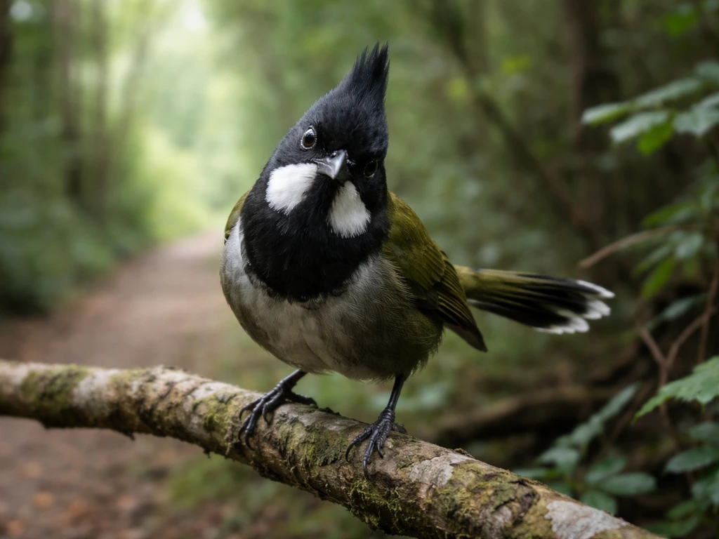 A whipbird stands close to the camera on a forest branch, alert as if making eye contact.