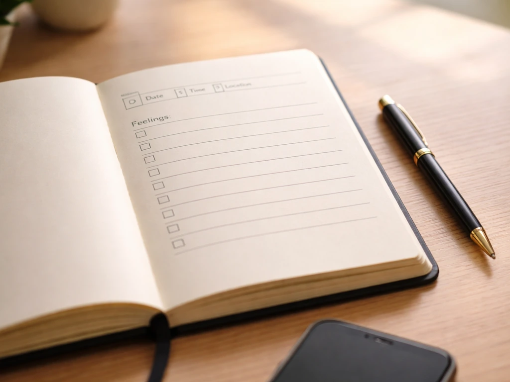 Open journal on a wooden desk with a pen and phone, with an empty checklist layout for journaling.