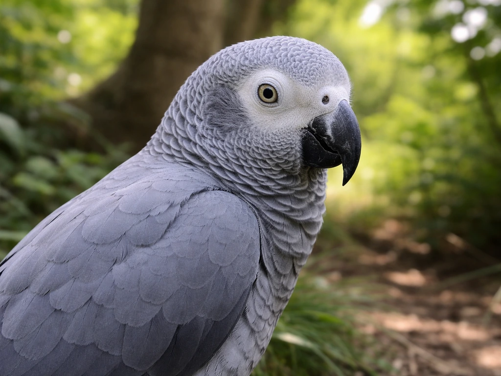 Close-up of a smoky grey African bird with visible eye and facial markings in natural foliage.