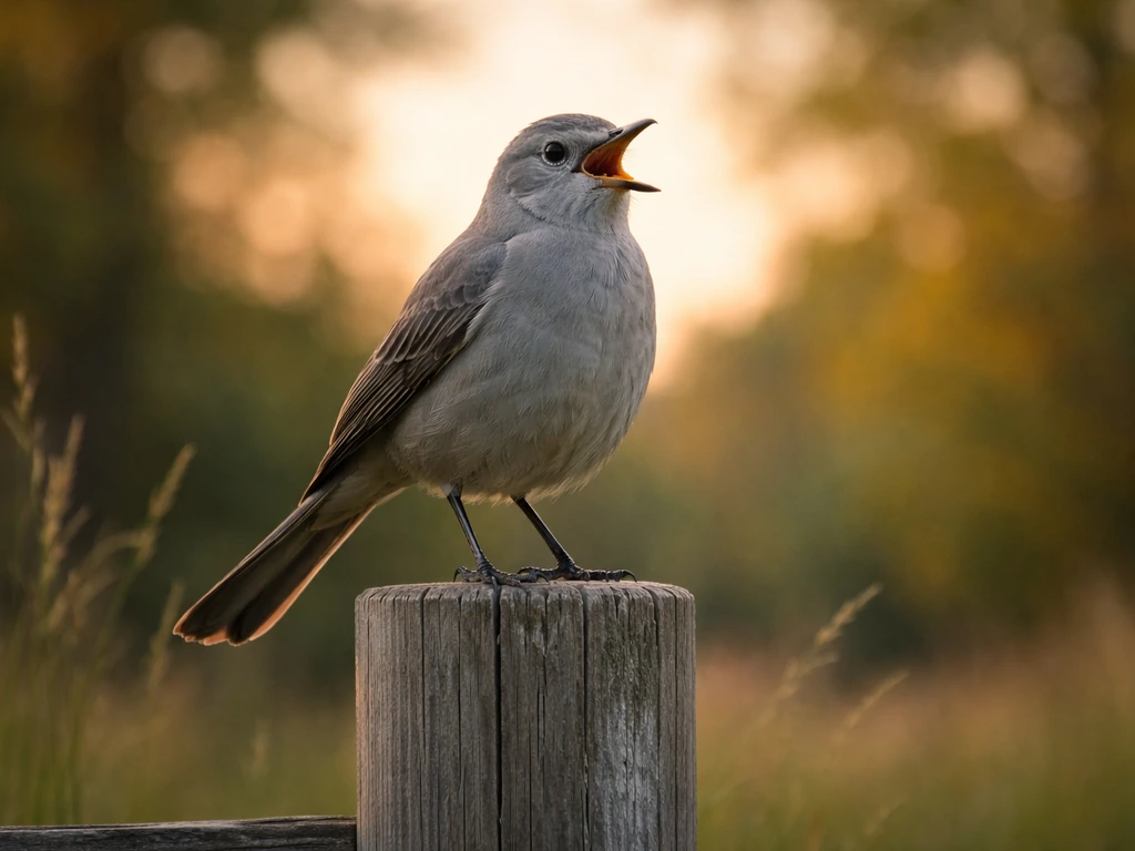 Grey sentinel bird perched on a fence post, calling warnings under warm natural light.