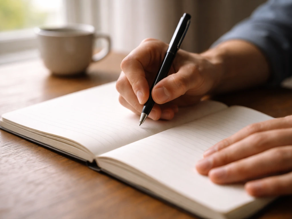 Hands write in a blank notebook on a wooden desk by a window, calm reflection mood.