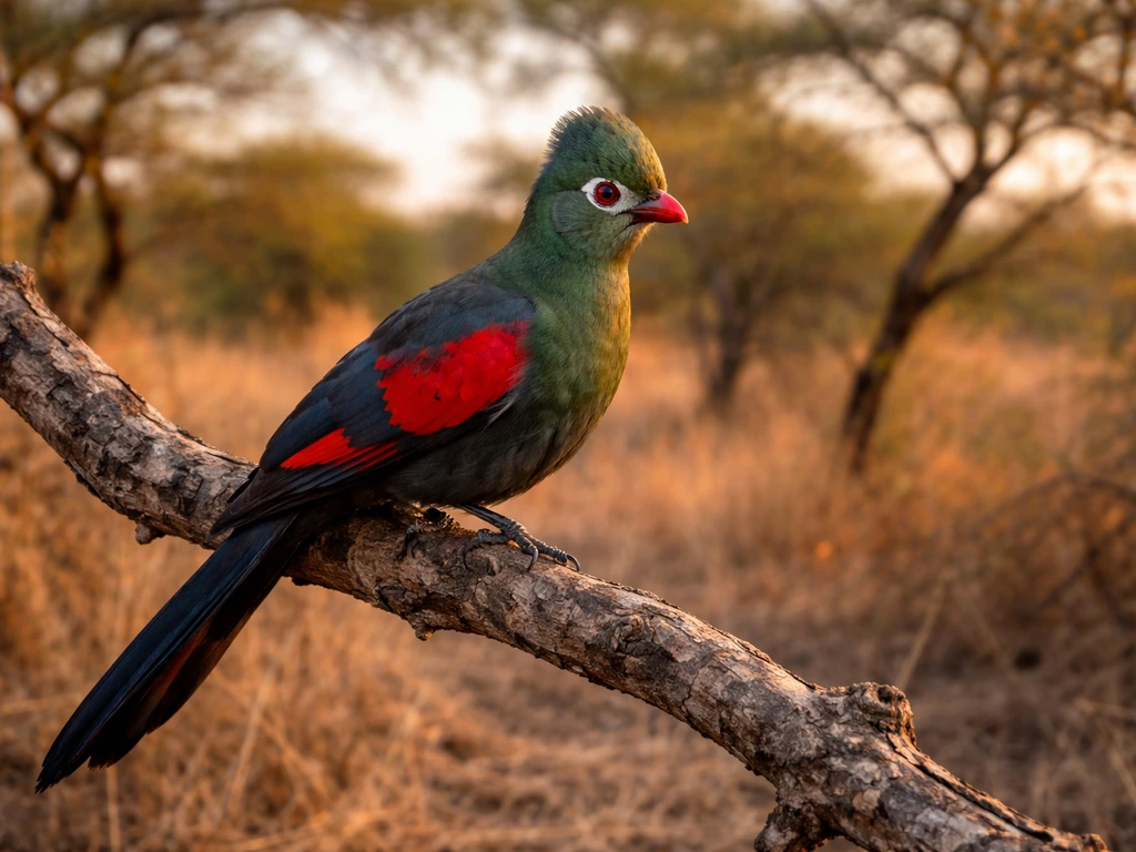 Scarlet-red-wing loerie bird perched on a branch in a Southern African woodland at golden hour.