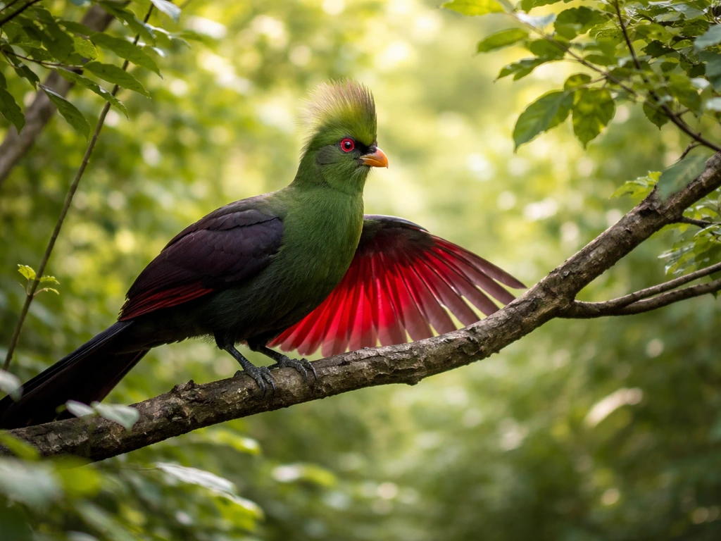 A loerie perched in a tree, its red wing flashes as sunlight catches it.