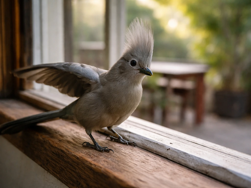 A loerie lands very close on a porch window ledge, captured in a natural, candid moment.