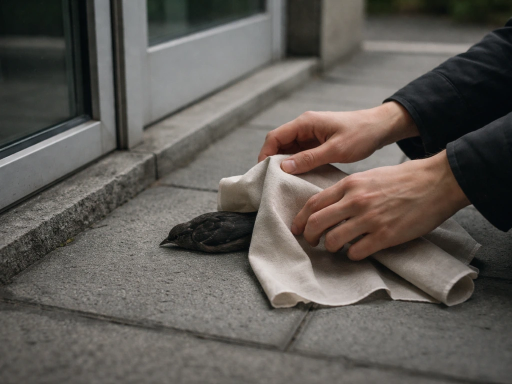A small dead bird near a window as a person gently covers it with a cloth, looking concerned.