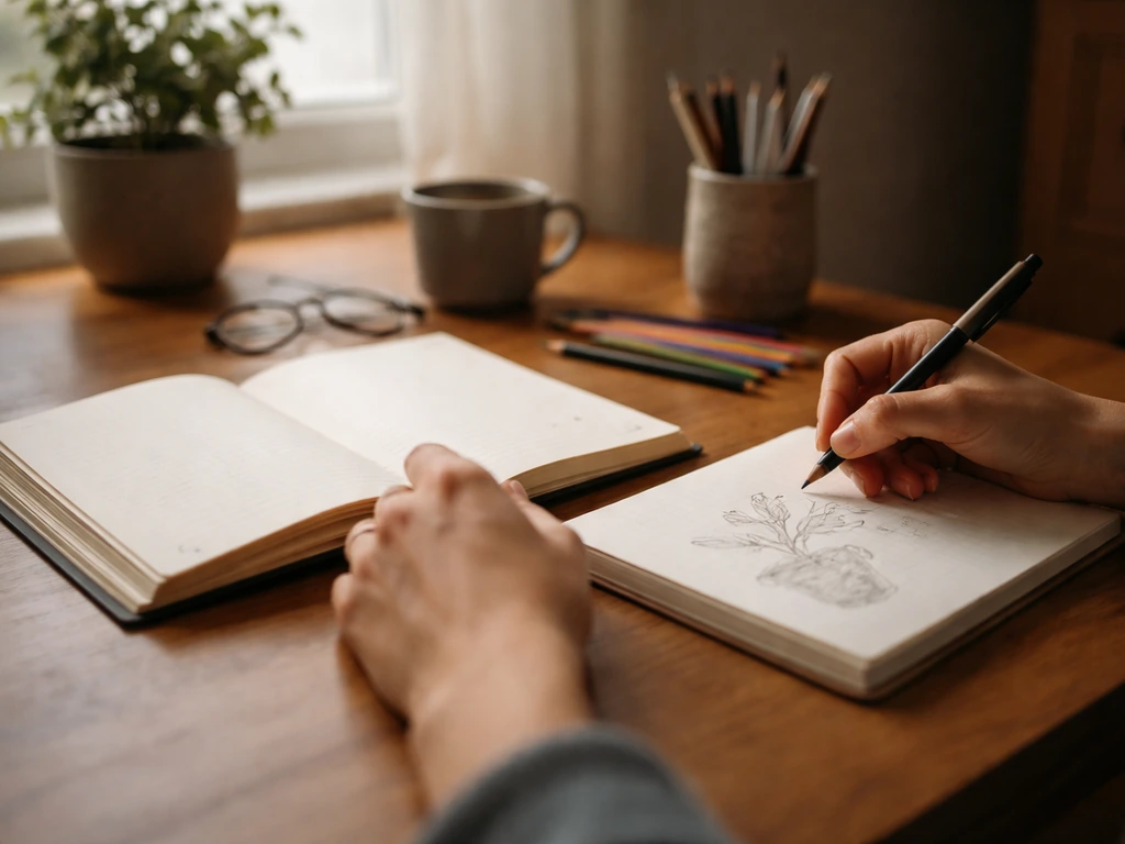 Close-up of hands writing in a journal and sketching a simple plan on a desk with colored pencils.