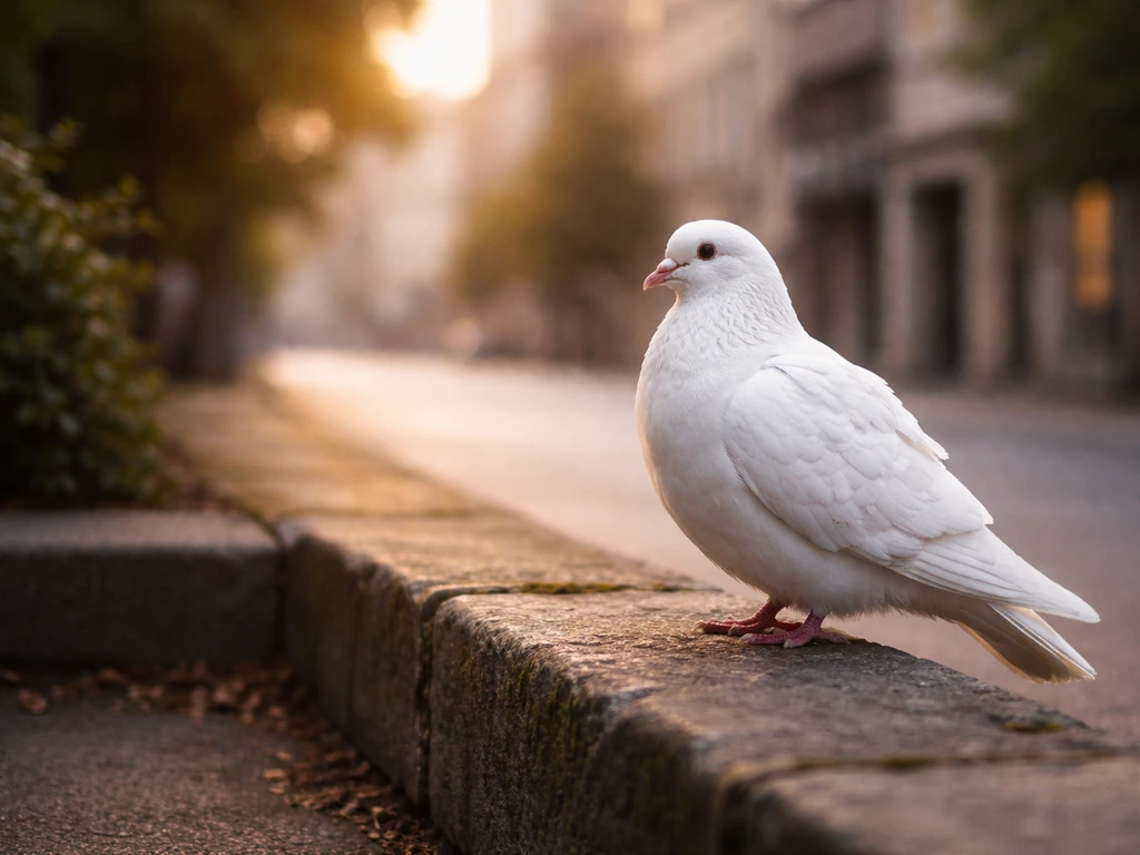 A single white pigeon perched on a city ledge in soft morning light, calm and watchful stance.
