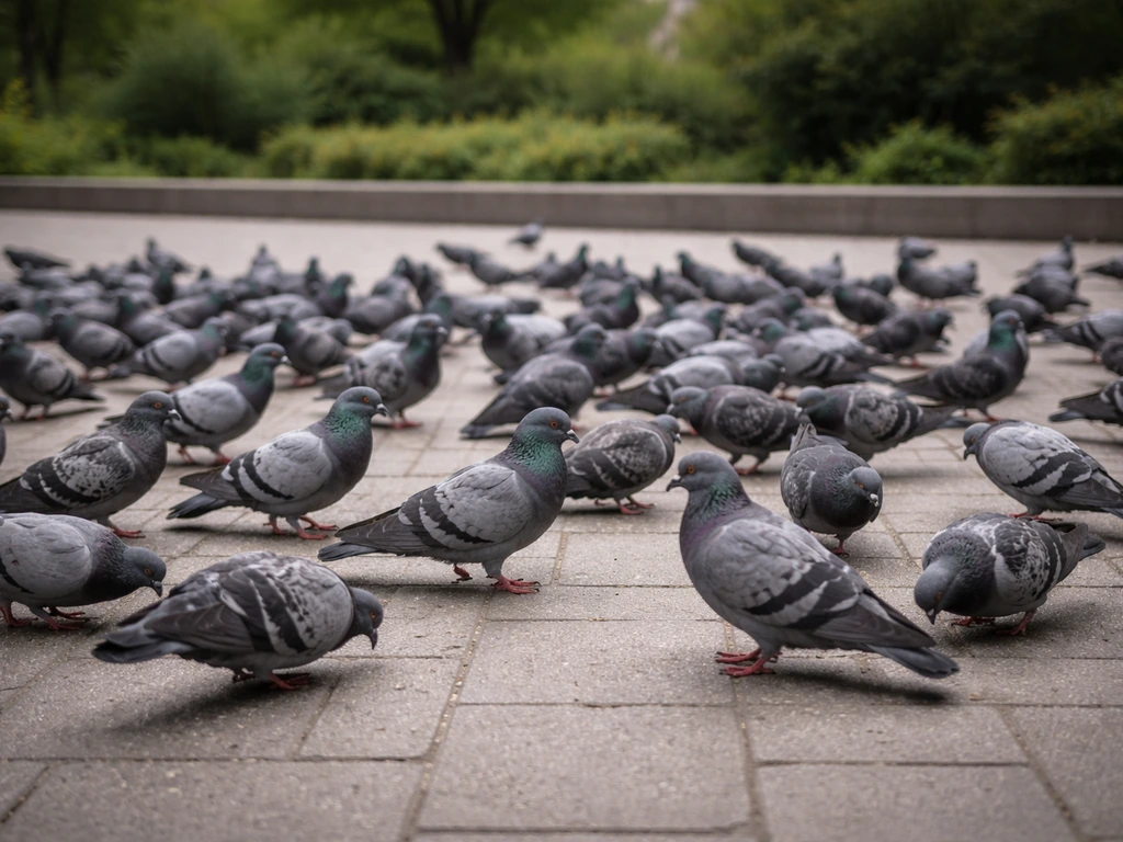 Many gray pigeons gathered on the ground in a quiet city park plaza with soft natural light.