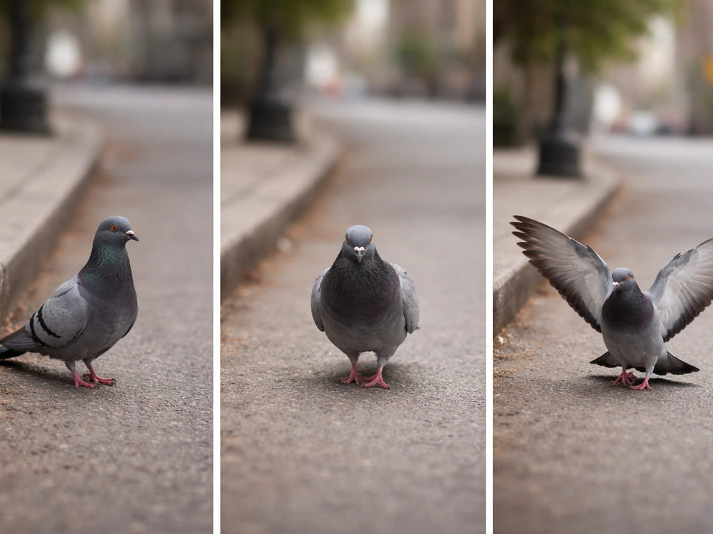 Three-panel photo of a pigeon on a sidewalk: standing, approaching, then landing nearby.