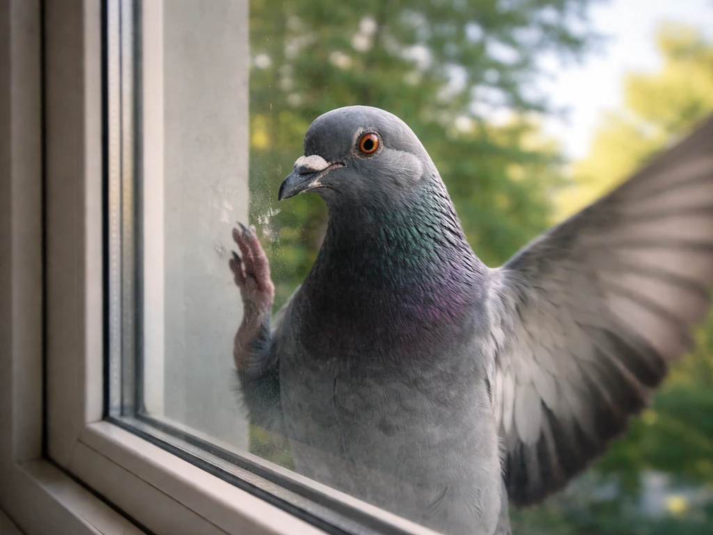 A pigeon taps the window glass, with trees and blue sky reflected in the pane behind it.