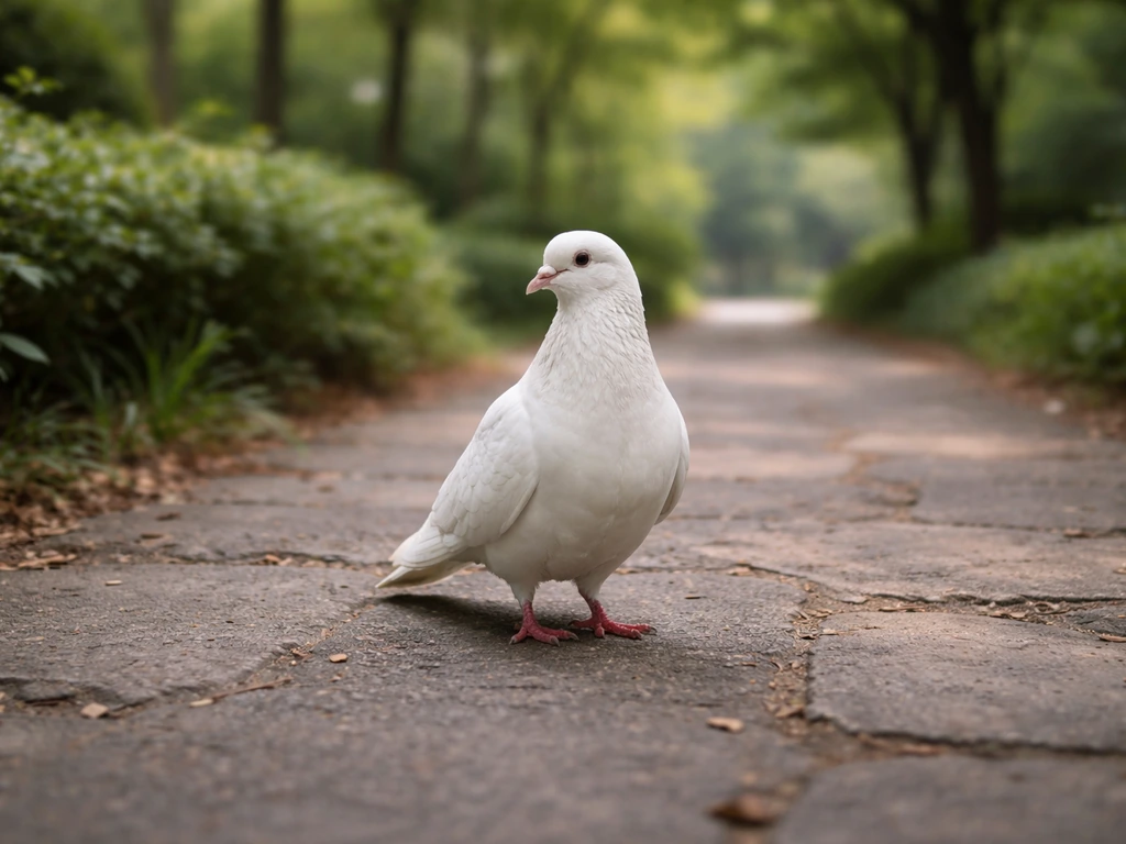Bright white pigeon standing on a park path, surprising against soft greenery